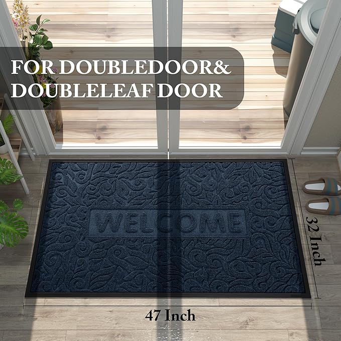 Yimobra Door Mat Indoor Outdoor Entrance, Non Slip Welcome Front Doormats, Heavy Duty Rubber Backing, Stain and Fade Resistant, Low Profile, Easy Clean Patio Garage Floor Mats, 47 x 32, Blue