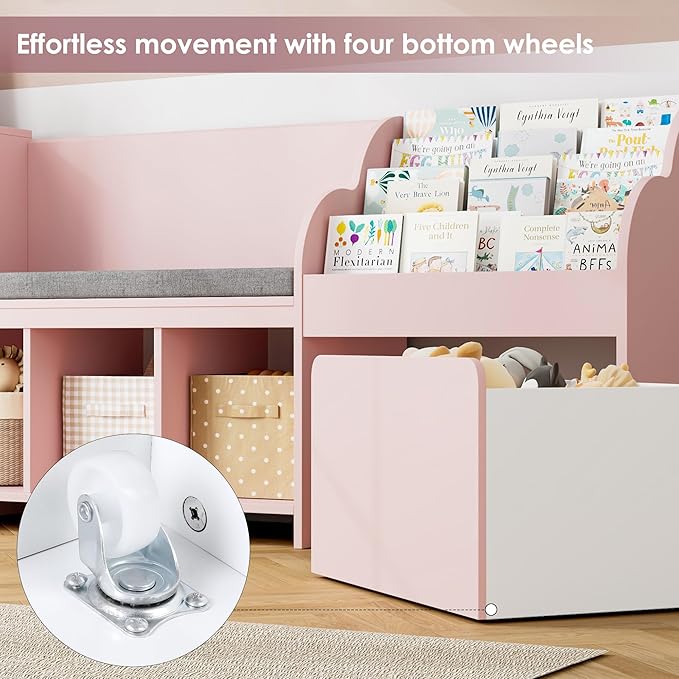 HOSTACK 67" Kids Reading Nook with Bench, Kids Bookshelf and Bookcase with Seat Cushion and 6 Storage Cubbies, Toy Storage Box on Wheels, Toy Chest for Playroom, Bedroom, School, Pink