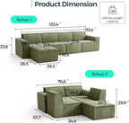 LINSY HOME Modular Sectional Sofa, 134" Boneless Couch L Shaped 4-Seat Sofa with Movable Ottoman, Corduroy Sectional Cloud Couches for Living Room, No Assembly Required, Green