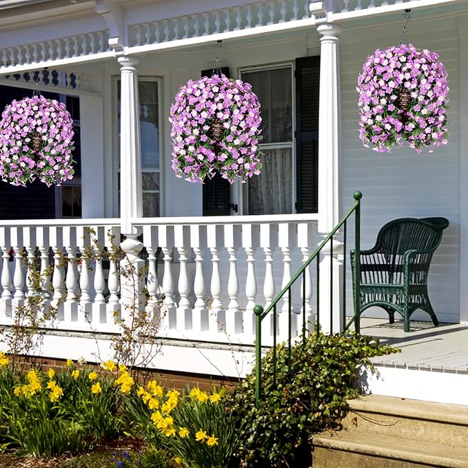 Artificial Fake Hanging Flowers with Basket for Outdoor Decoration,UV Resistant Faux Silk Light Fuchsia and Fuchsia Orchid Flowers Vines in Planter Realistic Hanging Baskets for Home Porch Garden