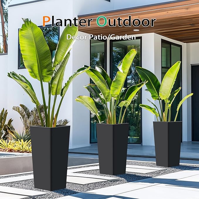 Tall Planters for Outdoor Plants, Large Resin Flower Pots for Garden, Front Porch, Patio, Indoor - Set of 2 (Black, 27.5 inch - 2 Pack)