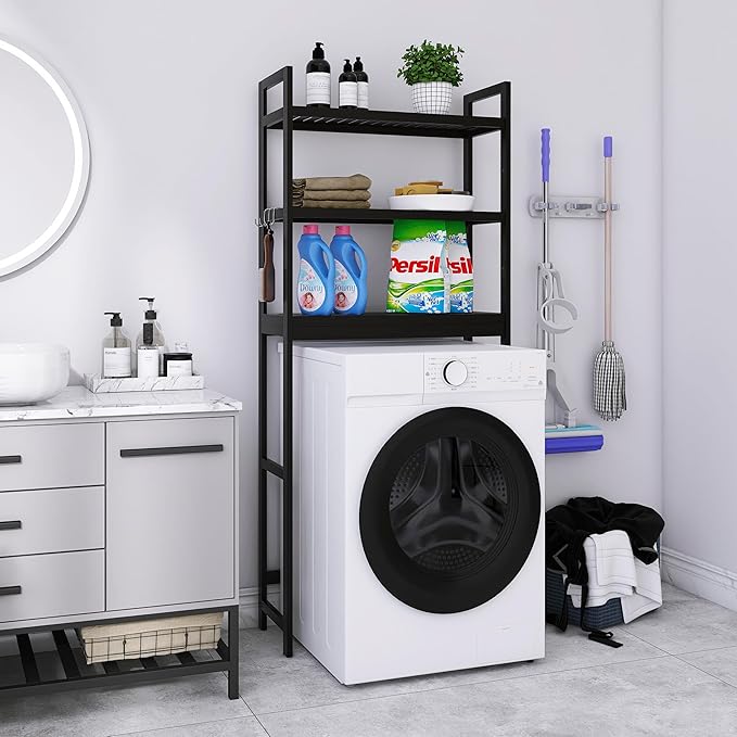 SMIBUY Bathroom Storage Shelf, Bamboo Over-The-Toilet Organizer Rack, Freestanding Toilet Space Saver with 3-Tier Adjustable Shelves (Black)