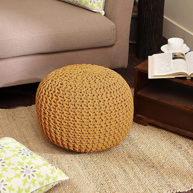 REDEARTH · Round Pouf Ottoman - Hand Knitted Cable Boho Poof Home Décor Pouffe Circular Footrest for Living Room - Bedroom - Lounge - Nursery - 100% Cotton Poufs (19.5"x19.5"x14") - Mustard