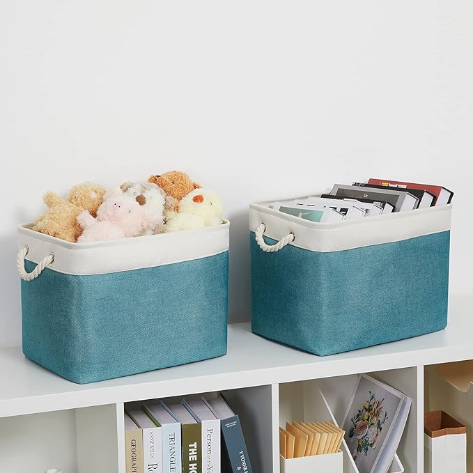 Bidtakay Foldable Storage Bins Set of 2 Tall Cloth Baskets 16" X 11.8" X 11.8" Decorative Organizers for Linen Closet (White & Teal)