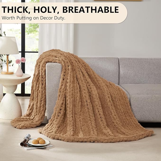 L'AGRATY Chunky Knit Blanket Throw: 80''x90'' Chenille Chunky Knitted Throw Blankets for Bed Couch - Handmade Thick Big Cable Knit Blanket - Large Crochet Rope Blankets for Home Decor(Tan)