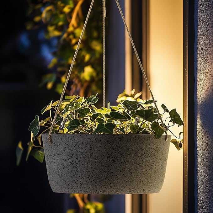 La Jolie Maison Large Hanging Planters - 12 Inch Outdoor Flower Pots, Rock Gray Hanging Garden Planters Set of 2