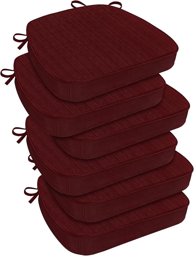 downluxe Chair Cushions for Dining Chairs, Waterproof Kitchen Chair Pads, Non-Slip Dining Seat Cushion with Ties, 17" x 16" x 2.5", Burgundy, 6 Pack