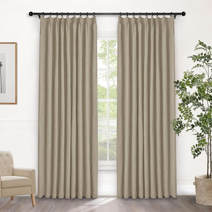 Macochico Pinch Pleated Blackout Curtains 102 Inches Long 100% Light Blocking Light Khaki Linen Drapes for Bedroom Living Room Farmhouse Shabby Chic Burlap Curtains with Tieback 72”Wx102”L 1 Panel