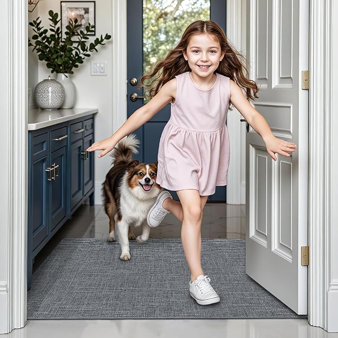 LUMI Ultra Thin Door Mat for Entryway,36"x56" Low Profile Non Slip Rubber Backing Indoor Doormat, Easy Clean Welcome Entrance Mat for Inside House, Patio,Dark Grey