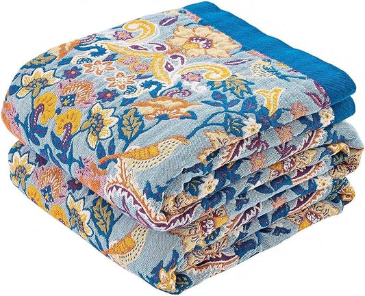 Boho Throw Blanket for Bed, 100% Cotton Soft Rustic Quilt Fall Blanket, 60"x80" Floral Printed Farmhouse Decor Bed Blankets, All Season Rustic Reversible Bohemian Throw Quilt