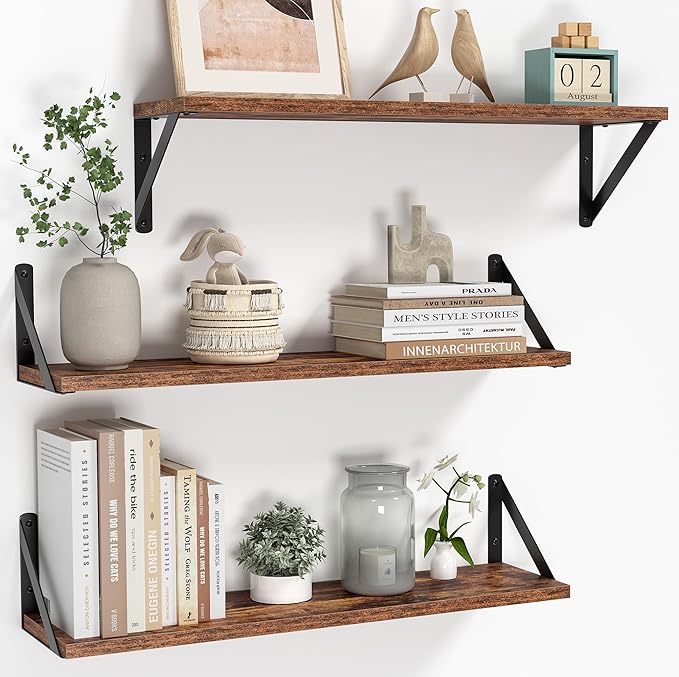 Heimlove Floating Shelves for Wall, 24 Inch Long Wood Floating Shelves Set of 3, Wall Mounted Hanging Shelf for Bathroom Bedroom Kitchen, Rustic Brown