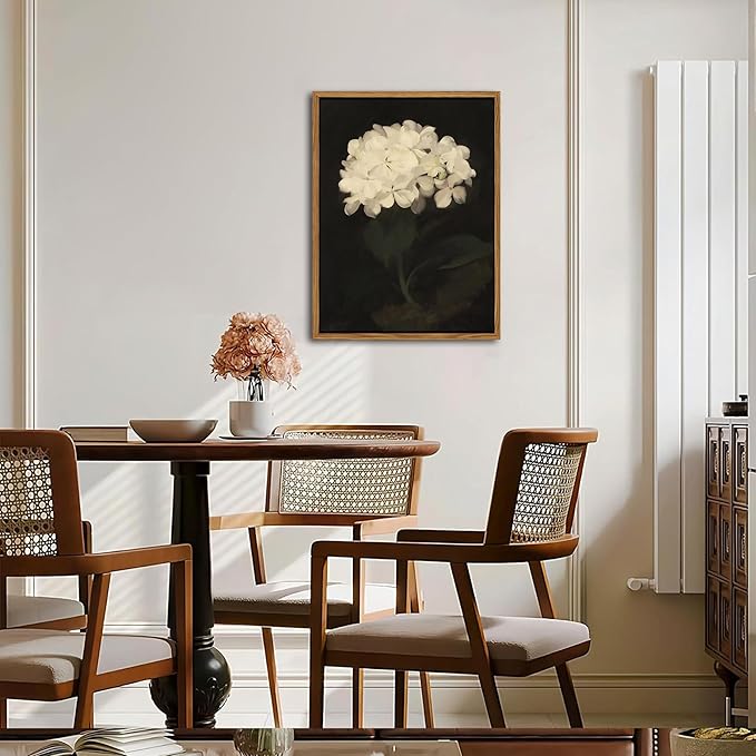 Framed Wall Art for Living Room – Vintage White Hydrangea Oil Painting Canvas Prints, Aesthetic Bedroom Wall Art, Kitchen Decor for Shelves, Bathroom Office Artwork Wall Decor – 16x24in