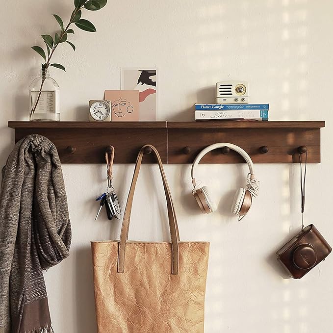 Entrance Coat Rack ，Coat Hooks, Wall-Mounted Wooden Hook Rack, Wall-Mounted Shelves are Very Suitable (Walnut Colored Finish-2)