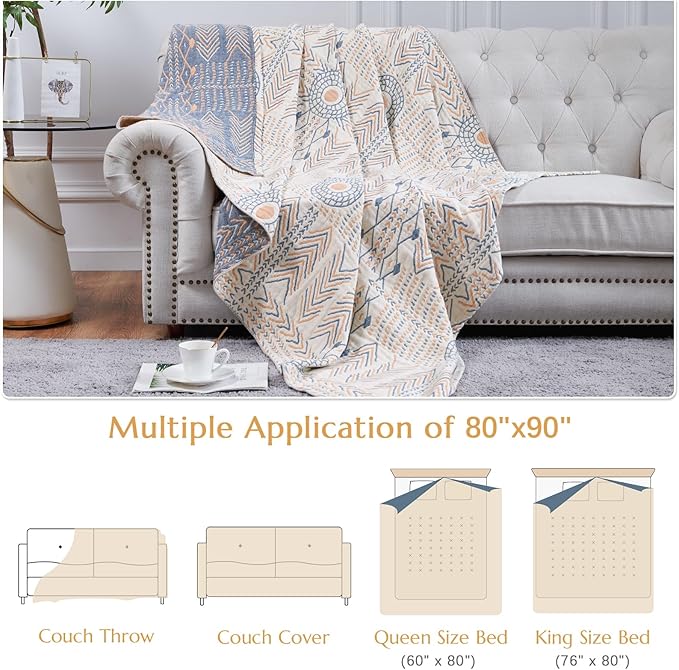 jinchan Boho 100% Cotton Muslin Queen Size 80x90 Throw Blanket Lightweight 4-Layer Orange Reversible Blanket Washable Breathable Geometric Striped Pattern Soft Comfy for Couch Bed Decor All Seasons