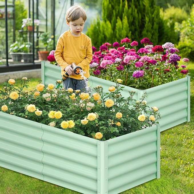 Large Outdoor Planter Boxes Kit Set of 2, 6x3x1.5ft Galvanized Raised Bed Planter with Open-Ended Base Design, Elevated for Outdoor Plants, Durable Raised Bed for Gardening,Green