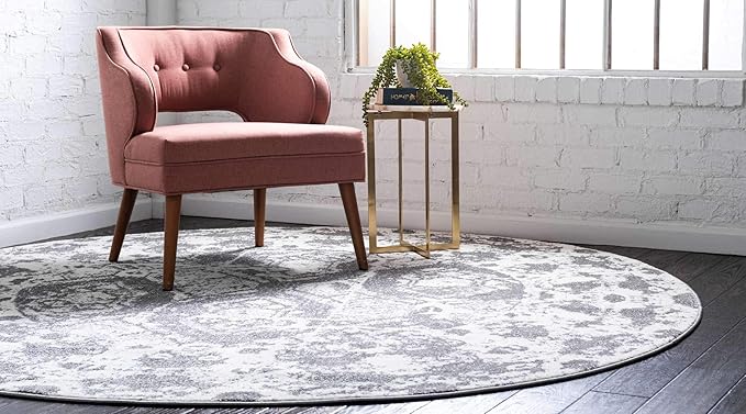 Unique Loom Rosso Collection Vintage, Geometric, Bohemian, Traditional, Distressed, Southwestern Area Rug, Round 4' 0" x 4' 0", Light Gray/Ivory