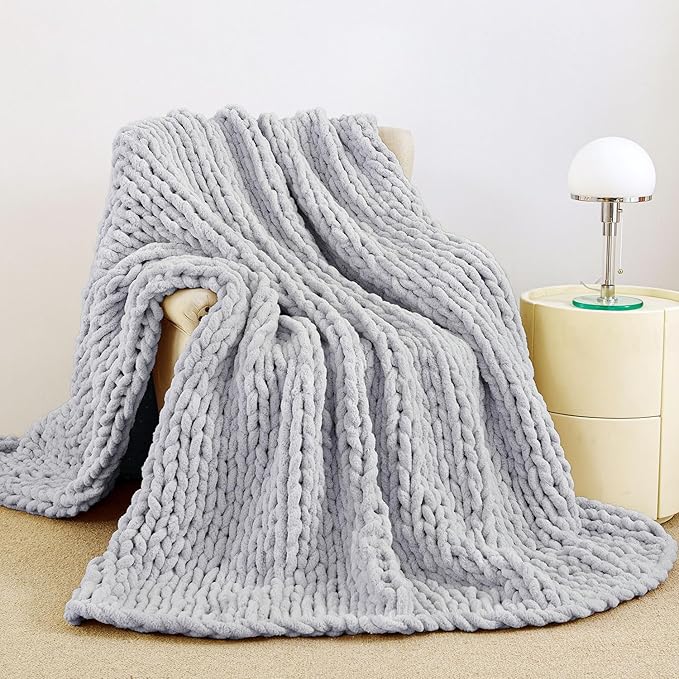 Admitrack Chunky Knit Blanket Throw, 100% Hand Knit Chenille Throw Blanket for Sofa & Home Decor, Soft and Cozy Knitted Throw Blankets (Light Gray，51"x63")