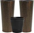 Worth Garden 2-Pack 28" H. Metal Planters with 2X Inside Pots - Hand-Hammered Texture Tall Narrow Cone Plant Pots - Large Handcrafted Bronze Flower Pot for Indoor Outdoor, Deck, Patio, Front Porch