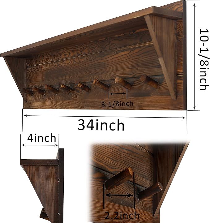 WEBI Coat Rack Wall Mount with Shelf,8 Peg Hooks,34" Long Rustic Entryway Wall Shelf with Hooks Underneath for Hanging Coats,Clothes,Bathroom,Rustic Brown