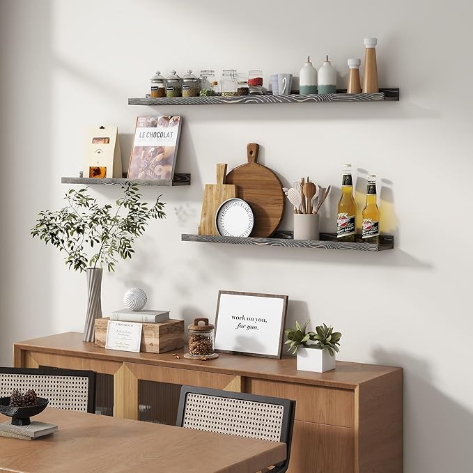 Picture Ledge Wall Shelves - 24 Inch Width Set of 3, Solid Pine Wood Rustic Floating Ledge Shelves for Kids' Room, Bedroom, Kitchen, Bathroom, Living Room, Nursery Display Wall Decor, Grey