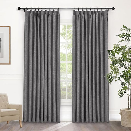 Macochico Pinch Pleated Blackout Linen Curtains 96 Inches Long 100% Light Blocking Burlap Curtains for Bedroom Living Room Thermal Window Panels with Tieback 72”Wx96”L Gray 1 Panel