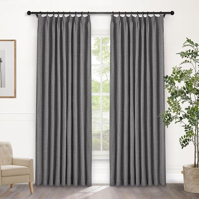 Macochico Pinch Pleated 100% Blackout Curtains Gray Linen Curtains for Bedroom Living Room Farmhouse Thermal Insulated Window Panels Pleated Curtains with Hooks and Tieback 52”Wx72”L 1 Panel