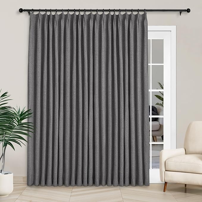 Macochico Extra Wide Full Blackout Linen Curtains for Sliding Door Natural Grey Pinch Pleated Linen Curtains 96 Inches Long for Bedroom Living Room Farmhouse with Tieback 120”Wx96”L 1 Panel