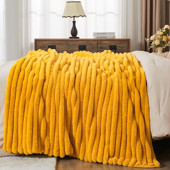 NEWCOSPLAY Faux Fur Throw Blanket Mustard Yellow 3D Ribbed Plush Thick Warm Blanket for Couch Sofa Bed 850GSM (Mustard Yellow Ribbed, Throw(50"x60"))