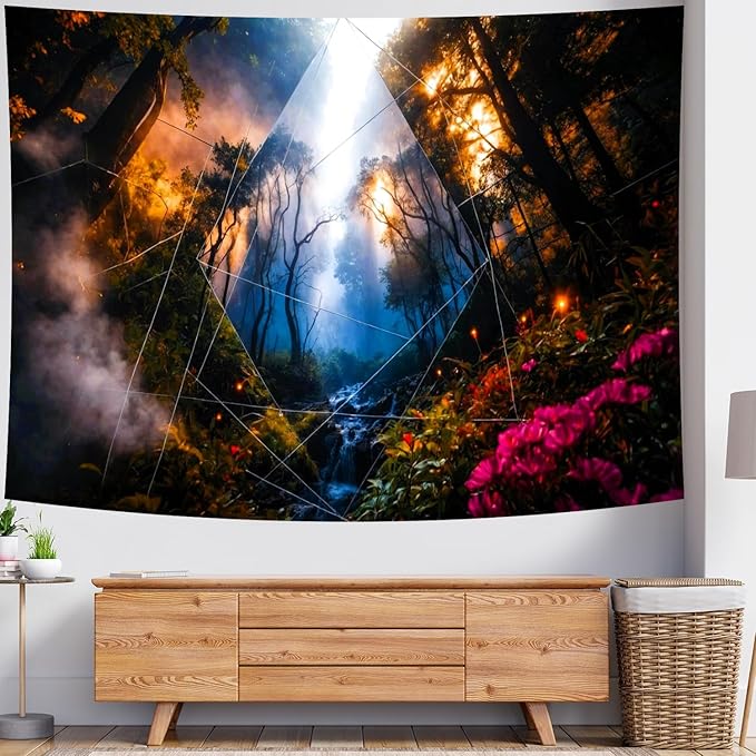 Delur Forest Tapestry Tree of Life Misty Tropical Rainforest Tapestry Wall Hanging Mystical Colorful Spiritual Psychedelic Nature Landscape Headboard for Bedroom Living Room Home Decor (70.8" x 92.5")