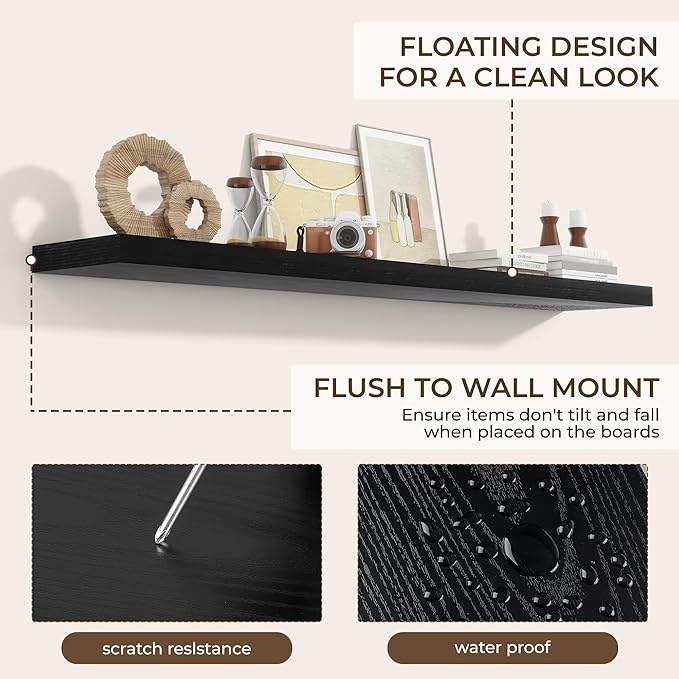 RICHFOCUS 72Inch Floating Shelves for Wall 1 Pack Shelves for Bedroom|Kitchen|Bathroom Wall Mounted Rustic Wood Floating Shelf with Invisible Brackets for Books|Storage|Decor, Black