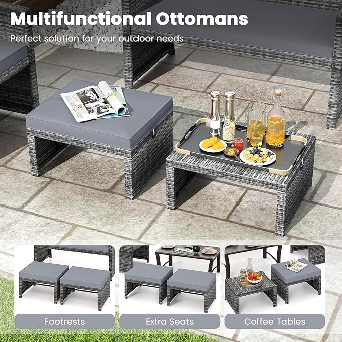 Tangkula 2 Pieces Patio PE Rattan Ottomans, Multipurpose Outdoor Footstool Footrest Additional Seating Side Table with Soft Zippered Cushions for Deck, Garden, and Yard (Gray)