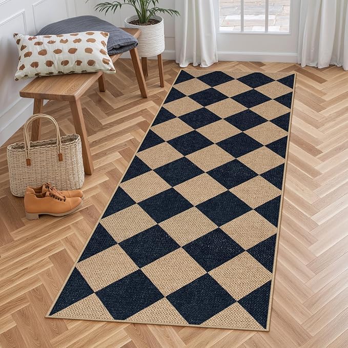 Lahome Checkered Easy Jute Runner, 2x6 Kitchen Runner Rug Non Slip Washable Outdoor Rug for Entryway Indoor, Checkerboard Black Indoor Outdoor Carpet for Hallway 6ft Entry Front Door