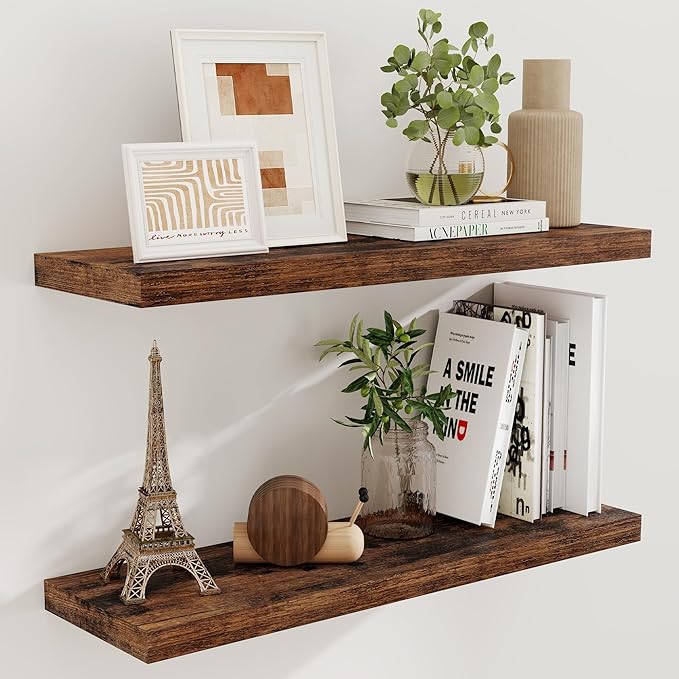 Fun Memories Rustic Wood Floating Shelves for Wall, 36 x 9 Wall Shelves Set of 2, Deep Floating Shelf for Kitchen, Living Room Storage & Display, Deep Wooden Bookshelf, Rustic Brown Color