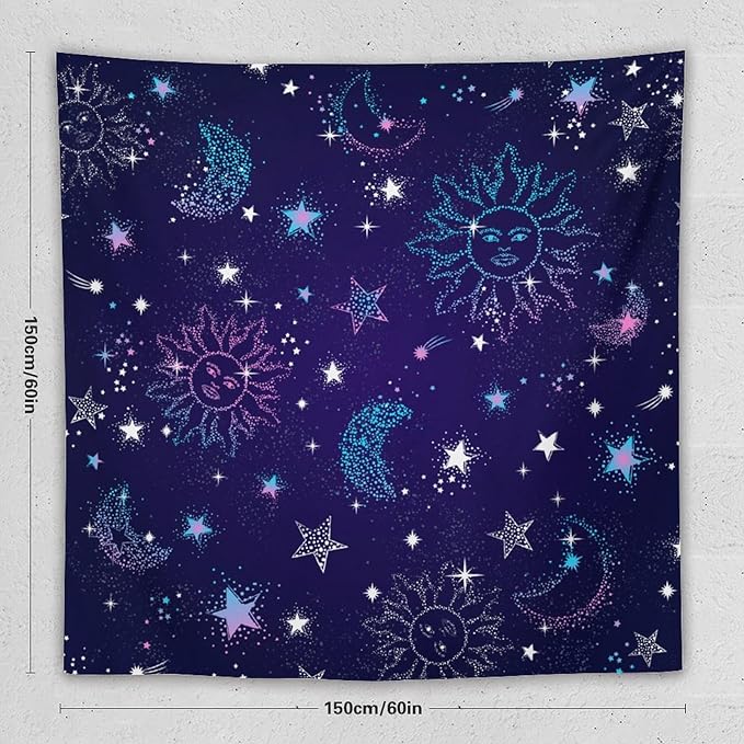 HZOHNAGO Boho Sun Moon Tapestry Purple Blue Sun Stars Galaxy Pattern Printed Wall Tapestry Wall Hanging for Bedroom Living Room Dorm 60" W x 60" H