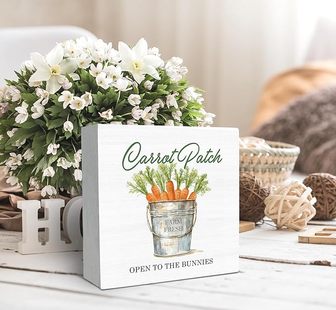 SRADMO Easter Sign, Carrot Patch Easter Wood Box Sign Desk Decor, Easter Carrot Decorations, Farmhouse Easter Theme Wooden Block Box Sign Decoration for Home Office Shelf Table Decor