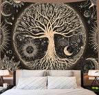 FORATER Tree of Life Tapestry Wall Hanging Sun Moon Stars Tapestries Aesthetic Galaxy Wall Tapestry Nature Home Decoration for Living Room Bedroom(53 x 61 Inch, Black and Gold)