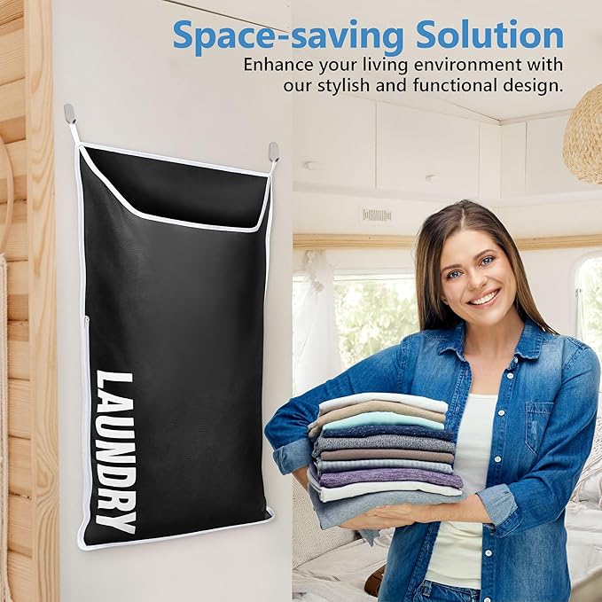 Hanging Laundry Hamper Bag XL 40x22", Space Saving over the Door Storage Bags, Behind the Door Hampers for Dirty Clothes & Wall Mounted Basket for Bathroom, Organizer for Small Room Spaces RV