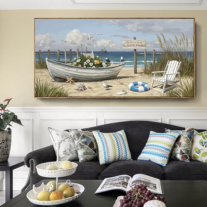 amatop Giant Framed Beach Wall Art Large Nautical Seaside Canvas Print Flower Boat Ocean Horizontal Landscape Picture Sea Birds Artwork for Coastal Farmhouse Living Room Bedroom Office Decor 58×29 Inch