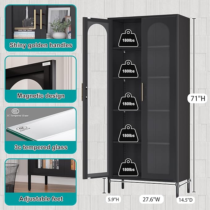 71" Tall Display Cabinet, 5-Tier Bookshelf with Doors & Adjustable Shelf, Modern Storage Cabinets Ideal for Book, Wine, Collectibles, Free Standing Bookcase for Home, Office, Living Room