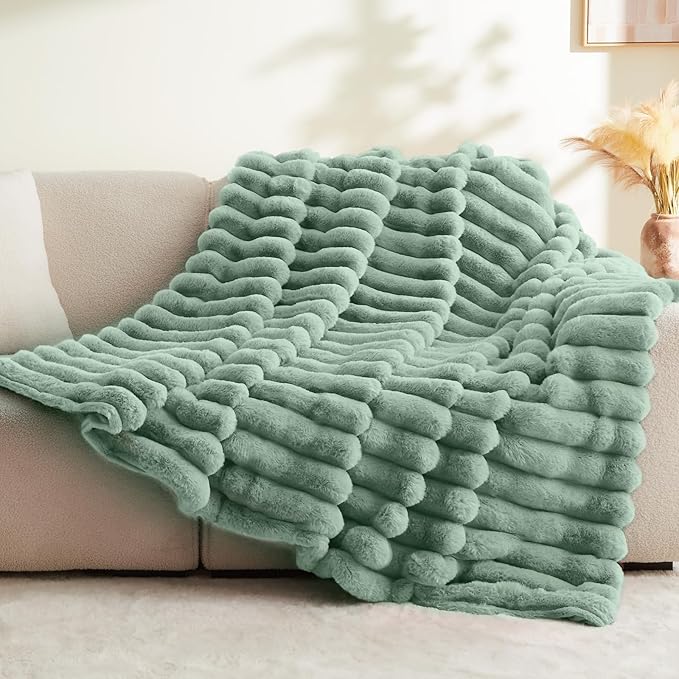 BEDELITE Faux Rabbit Fur Blanket, Luxurious 3D Striped Spring Blanket for Decor & Gift, Soft and Warm Plush Fluffy Faux Fur Throw Blanket All Seasons Suitable, (Sage Green, 50"x 60")