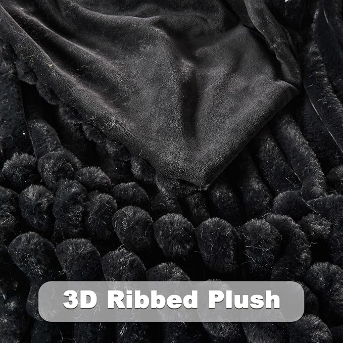 NEWCOSPLAY Faux Fur Twin Blanket Black 3D Ribbed Plush Thick Warm Blanket for Couch Sofa Bed 850GSM (Black Ribbed, Twin(60"x80"))