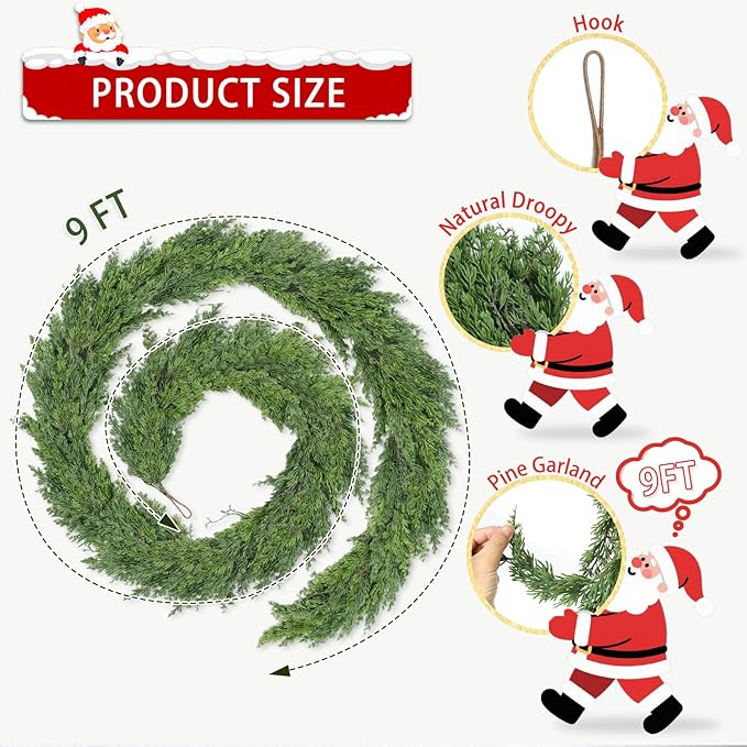 9 Ft Real Touch Christmas Garland Indoor with Pine Cone,Thick and Lush，Soft Bendable Mantle Garland Christmas, Lifelike Cedar Garland, Christmas Garland for Mantle,Indoor Christmas Decorations