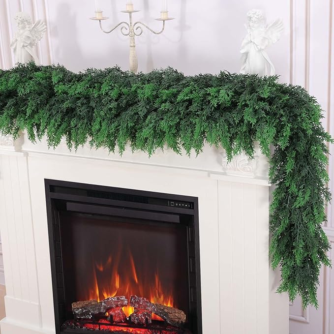 Hananona 6 FT 2 Pcs Artificial Cedar Garlands, Real Touch Winter Cedar Garland, Green Artificial Greenery Pine Garland for Table, Mantle, Wall, Indoor, Outdoor Christmas Decorations (2, 6 FT)