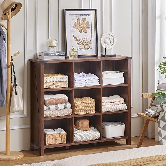 9 Cube Bookcase, Farmhouse 47 Inch Wide Brown Walnut Bookshelf, Wooden 3 Tier Display Large Open Book Shelf, Vintage Horizontal Book Case for Home Office, Cubby Storage Cabinet for Living Room