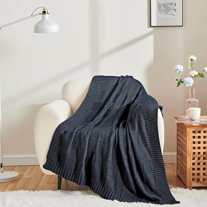 CozeCube Check Knit Throw Blanket, Midnight Navy Checkered Throw for Couch, Decorative Christmas Soft Cozy Warm Knitted Blanket for Bed Sofa Living Room, 50"X60"