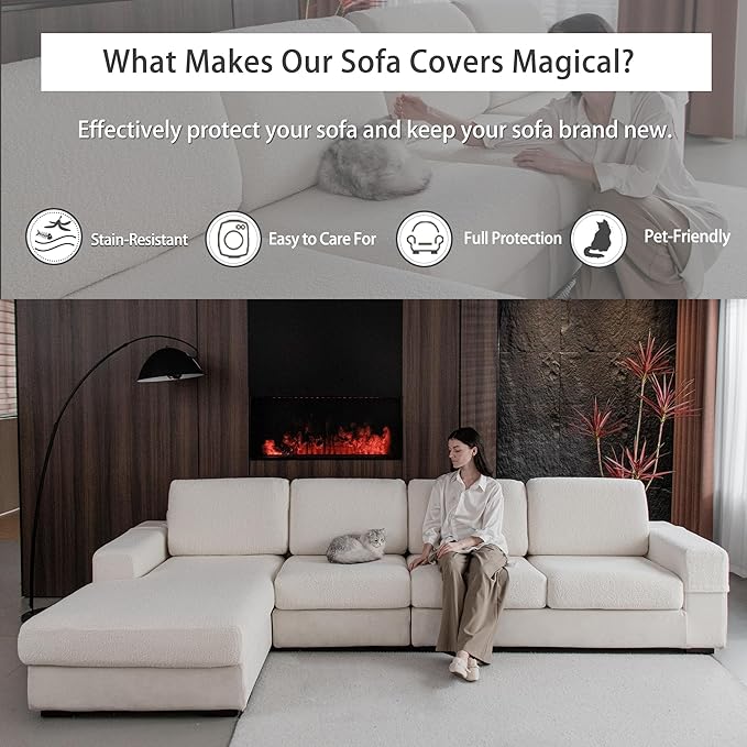 Couch Cushion Covers for Sectional Sofa, Stretch Soft Sofa Slipcovers Washable Wear-Resistant Universal Furniture Protector for Living Room(3 Seaters Covers+1 Chaise Cover, Ivory)