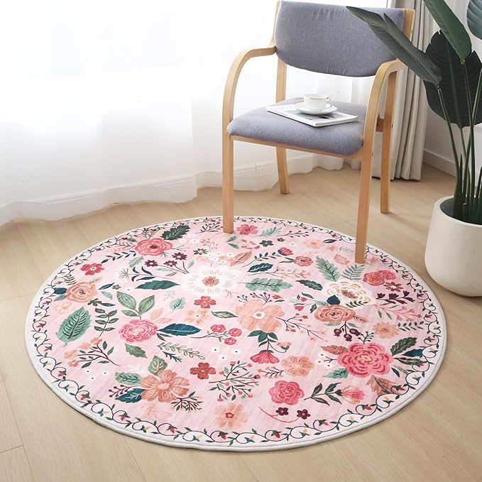 Round Rug 6ft Washable Circle Rug Non Slip Low Pile Boho Floral Small Circular Rug for Bedroom, Bathroom, Entryway, Kids Room, Office, College Dorm(Pink)