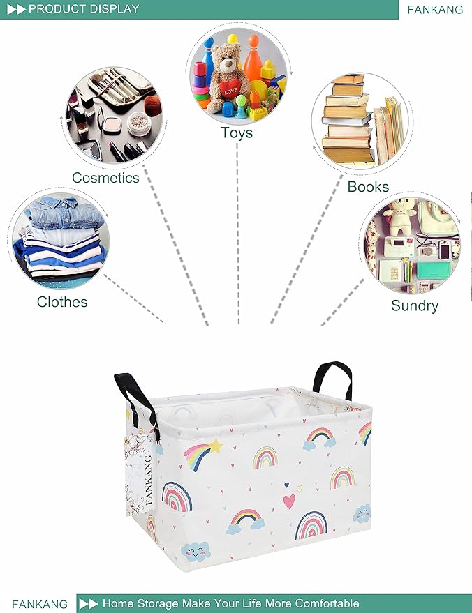 FANKANG Storage Bins, Nursery Hamper Canvas Laundry Basket Foldable with Waterproof PE Coating Large Storage Baskets for Kids Boys and Girls, Office, Bedroom, Clothes,Toys(Rec-Love Rainbow