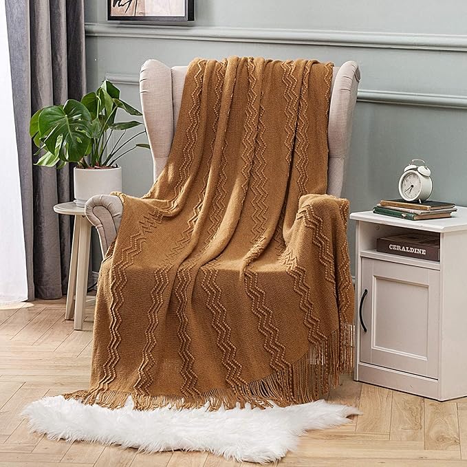 MIULEE Knitted Brown Throw Blanket for Couch,Boho Bed Decor Knit Outdoor Blankets Throw Size with Tassels Cozy Woven for Sofa Home Chair Wave Pattern 50" x 60" Inches
