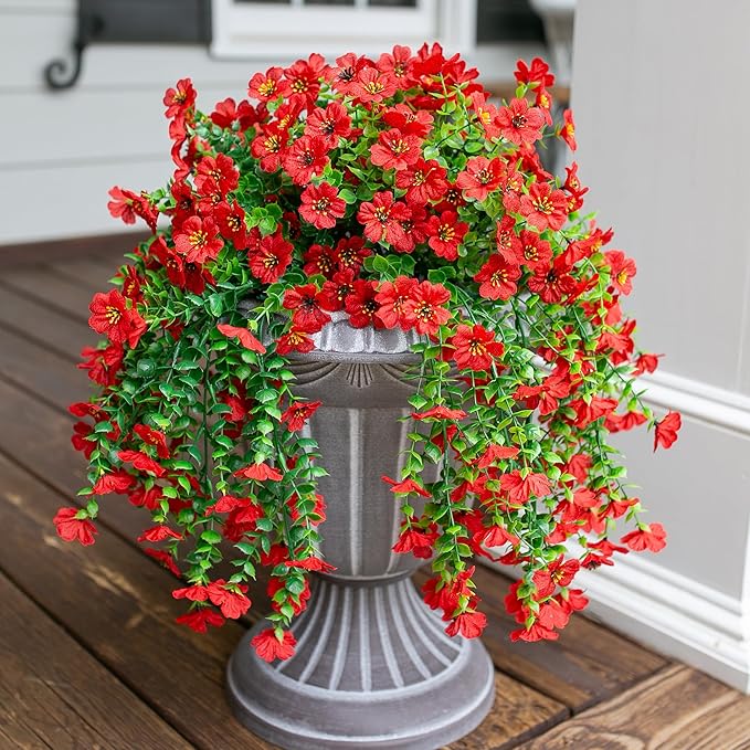 INSPRING Artificial Faux Outdoor Outside Flowers Plants, 2 PCS Fake Silk UV Resistant Look Real Red Daisy Trailing Vines for Front Door Porch Planter Urn Patio Balcony Decoration